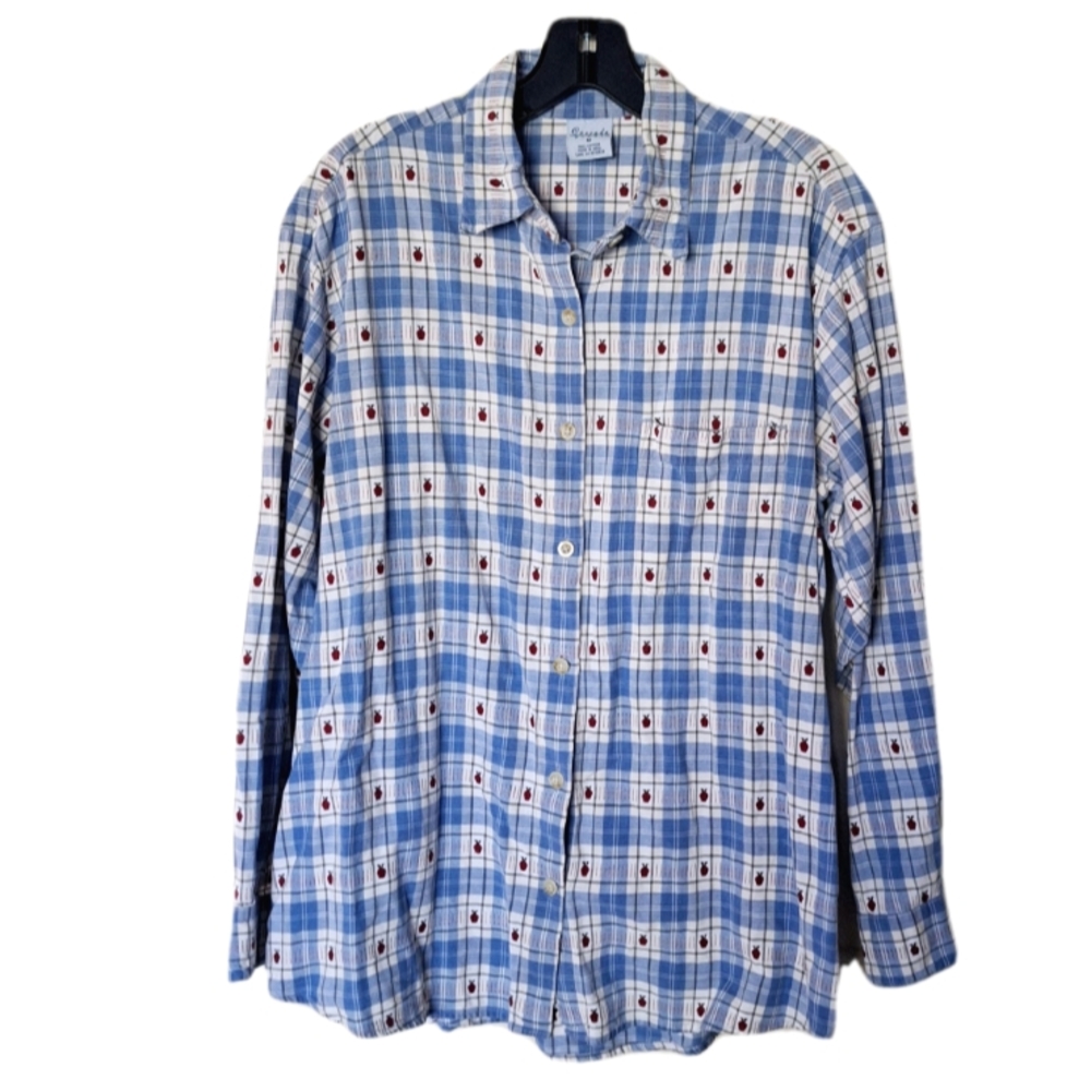 🍎 Women's Apple Plaid Print Cotton Button-down Long Sleeve Shirt M 🍎